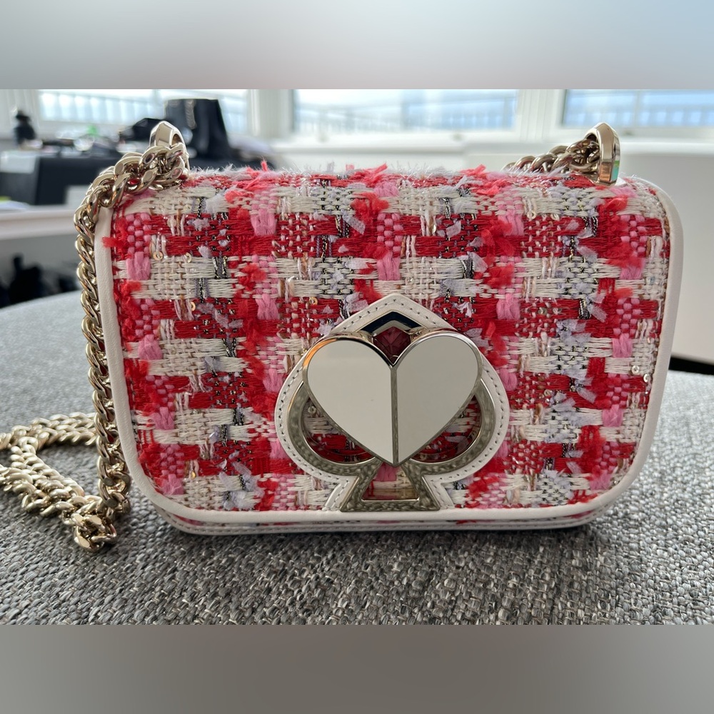 Kate Spade NWT PINK MULTI Nicola Tweed Twistlock SMALL convertible chain shouldr